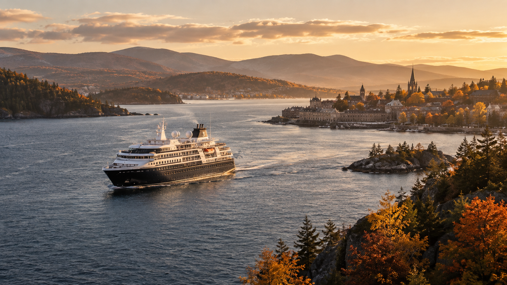 A small cruise ship sailing past an historic waterfront surrounded by autumn foliage