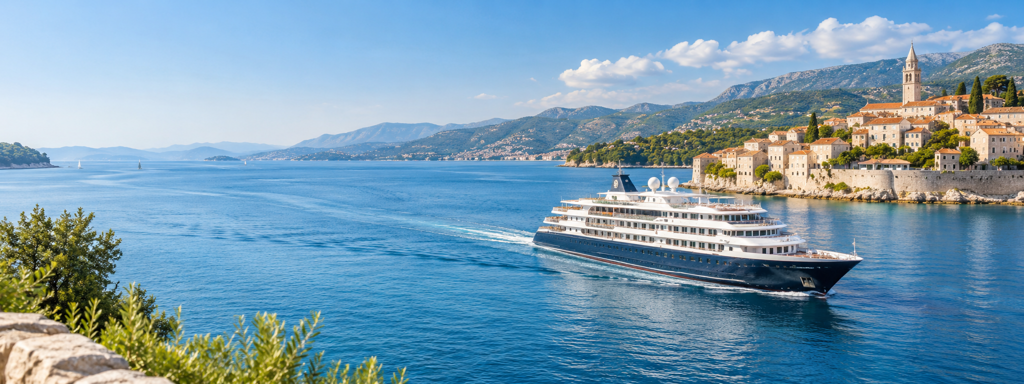 A river cruise sailing through a historic European riverside city